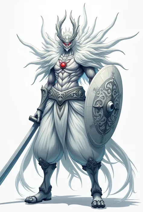 Draw a second stage Susanoo, at that stage almost complete, the one that Itachi and Shisui use. This Susanoo has a Katana and a shield, and the colors of its body are white with silver tones and its eyes are a little red. Based on the drawing style of Naru...