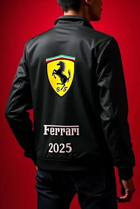 Design me the back of a cotton jacket where the background should be predominantly black where the large Ferrari logo is and at the bottom say prom 2025 on the back 

