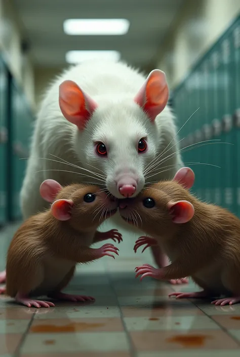 white rat with red eyes at school beating up brown rat with black eyes