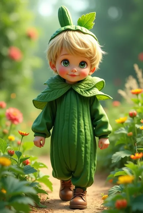 A blond boy walking in a cucumber suit