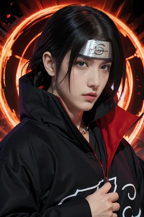 Personagem homem itachi uchiha do anime naruto, corvos em volta, uma lua vermelha, fundo avermelhado, rosto do itachi de naruto, mangekyo sharingan beautiful portrait, AMD FidelityFX Super resolution 3, extremely detailed portrait, clear face, mangekyo sha...