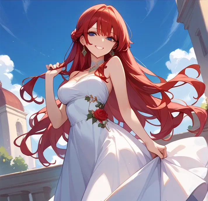 A delicate long hair adult girl, perfect breast, Rias Gremory inspired, is standing, look at viewer, seducing face, smile, perfect body, at rooftop (wears(dress))