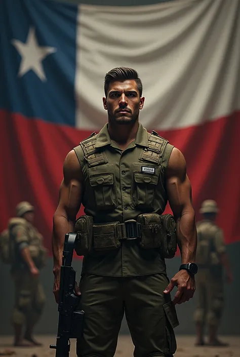 muscular man in chilean military uniform, standing firm, chilean army and flag in background, masterpiece, photo-realistic, 8k, intricate details, dramatic lighting, cinematic composition, bold colors, patriotic
