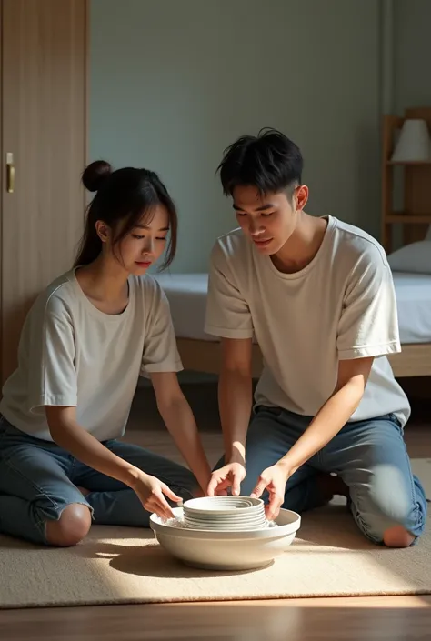 A men and women sitting on ground in hotel and washing dishes realistic pic