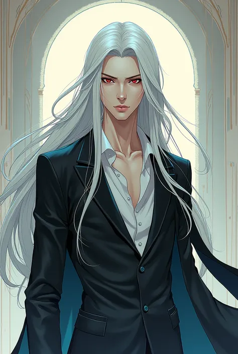 an effeminate looking man, long white hair, red eyes, white skin, slender body, in manga.