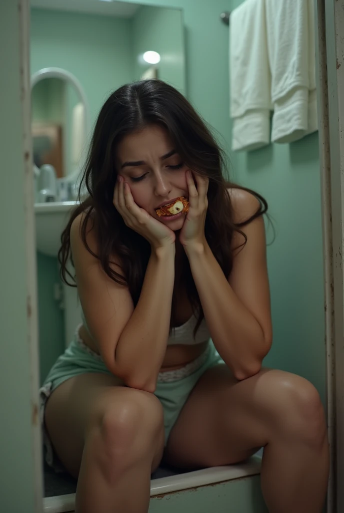 a young overweight Brazilian brunette woman, eating sweets hidden in the bathroom and feeling guilty and sad and frustrated with clothes on and expressive, sitting down bye, with food in mouth at 1080x1080 size looking down