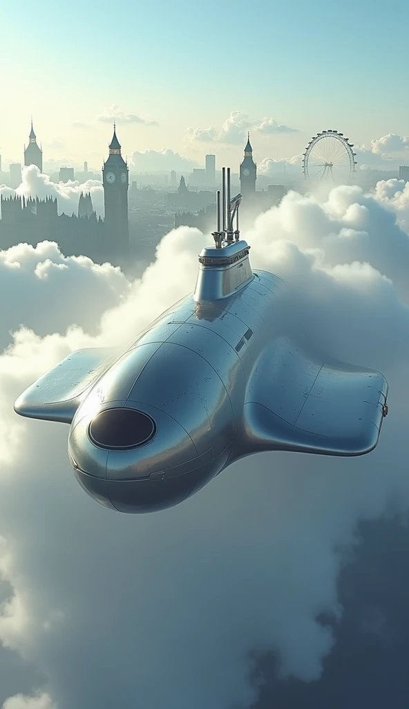 Submarine flies above the clouds over London 