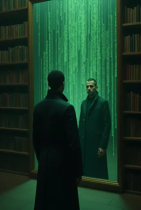 Peut tu me donner l’image d’un homme  dans une bibliothèque qui se regarde dans un miroir. Les reflet dévoile une matrice artificielle, caméra de surveillance, code vert comme dans matrix