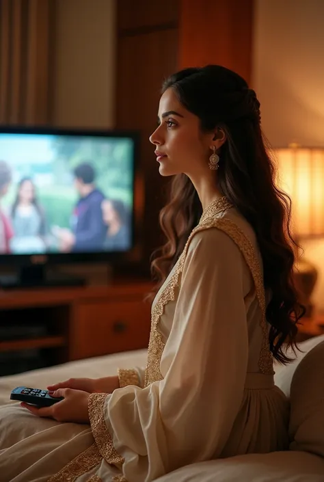 a  girl look like ayeza khan fair white skin and hazel eyes and wearing eastern dress watching tv in a bedroom full view  side pose picture and remote in her hand 