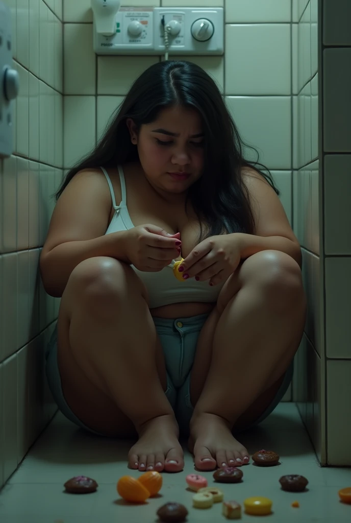 a young overweight Brazilian brunette woman, eating sweets hidden in the bathroom and feeling guilty and sad and frustrated with clothes on and expressive, sitting down bye,  at 1080x1080 size looking down