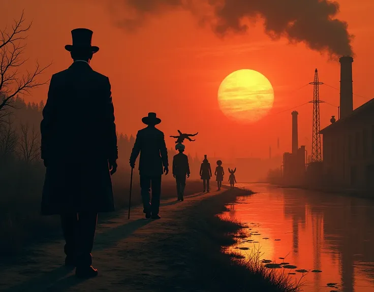 A scene showing ominous omens: The sun was setting, a huge orange color reminiscent of molten iron in a blast furnace, and it was sinking between the chimneys of a deserted industrial town. Strange-looking shadow figures were marching like a parade on the ...