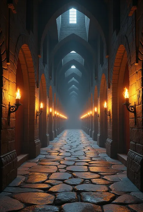 Photorealism, inside a dungeon with a large stone corridor with many side doors made of wood, torches in each door