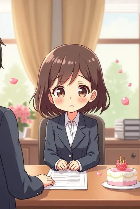 A girl asking her boss for permission and making the proposal to take her hours off for her birthday in a kawaii version