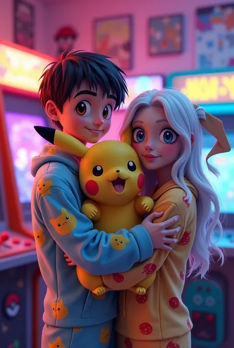 design 2 young people, A 2 dark haired guy with a goatee, brown eyes, short black hair, already a 2 girl with long wavy white hair, skin white as snow, blue eyes both dressed in pokemon pajamas, Pikachu hugging each other looking at the camera smiling, In ...