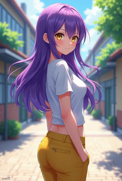 anime girl purple long hair yellow eye white t-shirt yellow pants she turn around school backround big ass