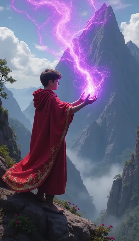 young magician, dressed in a red toga with gold trim,casting a spell,Summoning a purple ray, It is on a high mountain, surrounded by a dense fantasy forest 