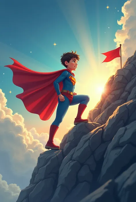 drawing: Design an image of a boy climbing a mountain with a superhero cape and a confident smile. In the background, shows clouds with sun rays and stars to symbolize strength and confidence. You can include small details like a flag at the top