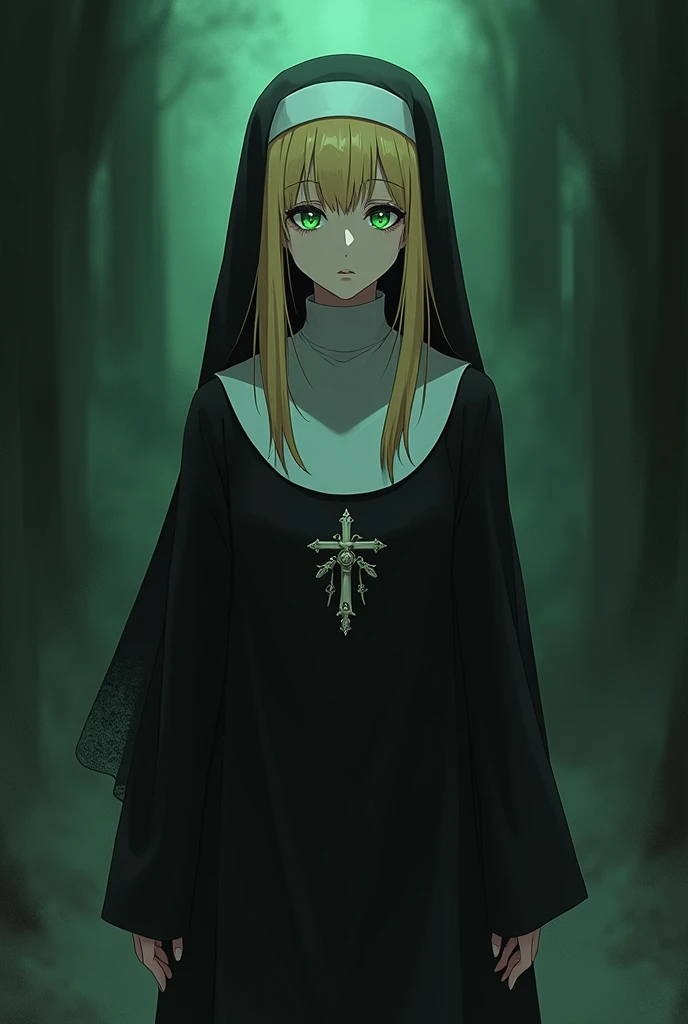  Anime style Nun blonde hair green eyes with macabre look full body