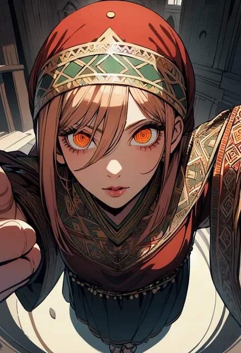 power from chainsaw man, standing looking to the camera, peace sign, detailed eyes, arabic clothes, perspective.