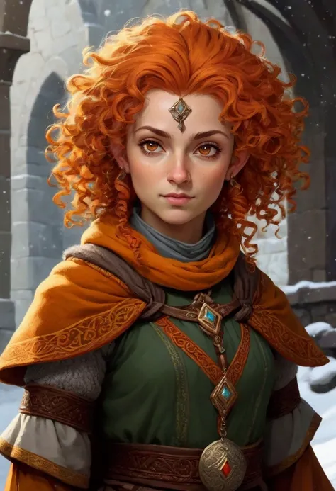 dnd, medieval, winter clothes, acolyte, halfling woman, orange hair, curly, turkish woman face 