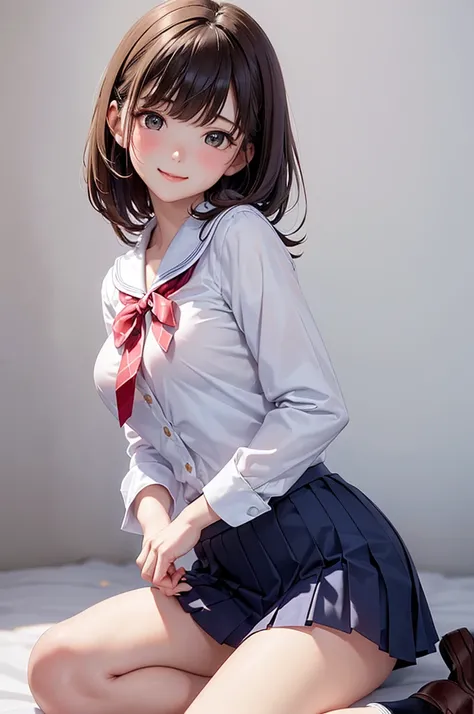 Best Quality,High resolution,8k,(plain white background, no patterns, no textures, just a plain white background:1.3),Masterpiece:1.2),beautiful girl,Big Breasts,(Shiny brown hair:1.3),messy hair,Beautiful brown eyes,Depict a Japanese high school girl. She...