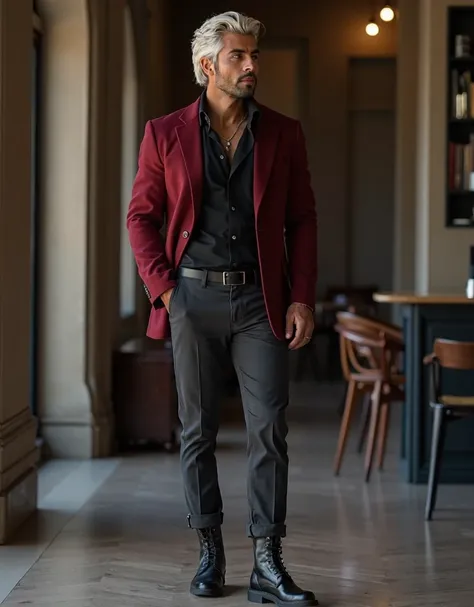 33 year-old Arabic-Egyptian man, towering at 216 cm, with dark skin, platinum blond short wavy swept-back hair, long black stubble, and a relaxed, confident demeanor. He has a lean, muscular build and wears a well-fitted black button-down shirt with a slig...