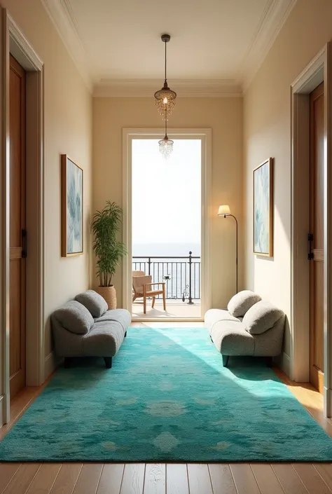 Interior of the apartment hall. The walls are painted in ivory beige, and a turquoise Persian rug is spread out in the middle. Around the rug, there are woolly gray sofas arranged, and in the terrace, a corner of the apartment is visible