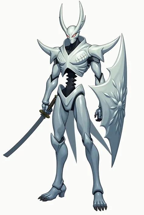 Draw a second stage Susanoo, This Susanoo is not humanoid and only has the upper parts of the body, besides he has a Katana and a shield, and the colors of its body are white with silver tones and its eyes are a little red. Based on the drawing style of Na...