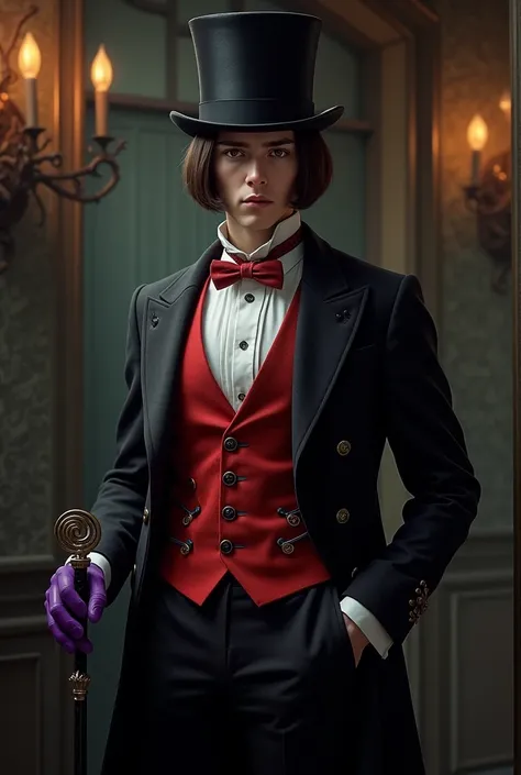 a thin man, pale skin, brown hair bob cut, brown eyes. He wears a black top hat, red tailcoat, dark purple gloves, black vest, a black shirt with a collar in "IN" stylized gold, black pants, some black shoes, brown cane with a black and white spiral head.