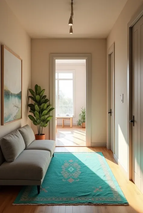 Interior of the apartment hall. The walls are painted in ivory beige, and a turquoise Persian rug is spread out in the middle. Around the rug, there are woolly gray sofas arranged, and in the terrace, a corner of the apartment is visible