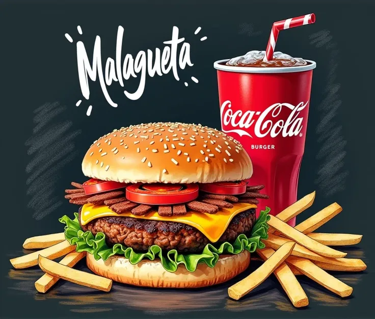 Malagueta Burger with French Fries , hamburger, Coca Cola, portions in the form of drawings and lines and written in chalk font