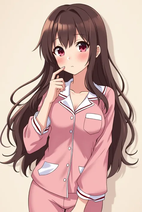 long brown hair girl, dull pink eyes, thin with curves, with flirty pajamas, cute smile with braces, perfect nose, Medium thick lips and Jujutsu Kaisen style.
1.69 cm
