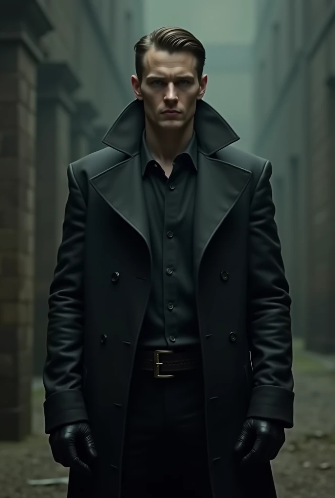 a young man inspired by Virgil,with a posture similar to Negan&#39;s, wearing a black overcoat