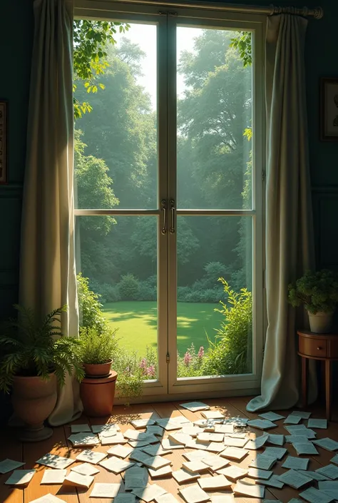 A garden seen from a large window of the house as seen from the living room. The garden floor is filled with small white papers. There are sentences on the papers. Hava biraz kasvetli biraz normal pencerenin manzarasında ağaçlık bir alan var