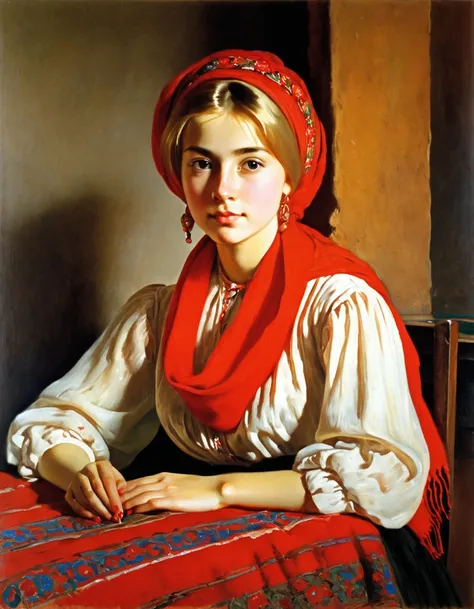 painting of a young girl in a red scarf sitting on a table, russian academic painting, young girl, academic russian painting, by Konstantin Westchilov, by Jan Stanisławski, russian oil painting, by Stanisław Tondos, young woman, by Vladimir Novak, by Jaros...