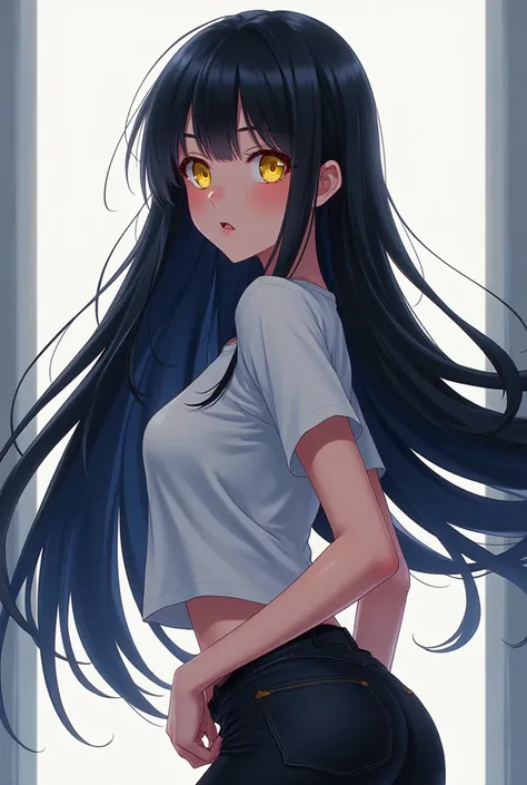 anime girl long black hair yellow eye no 
undrpants white t-shirt turn around stand off the wall big ass