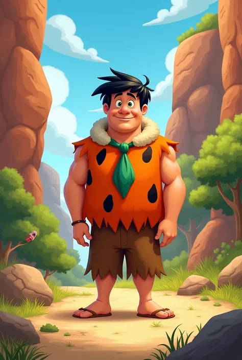 Generate a Flintstones-style cartoon of a family man, black hair and green eyes. must be alone. 
