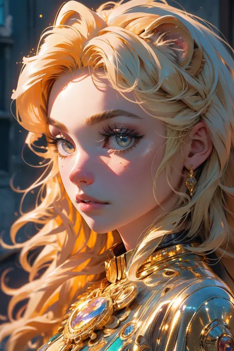 (Best quality, high resolution, realistic:1.37), beautiful girl, golden hair, Detailed eyes, Detailed lips, long eyelashes, standing next to lion animalbright colors, warm lighting
