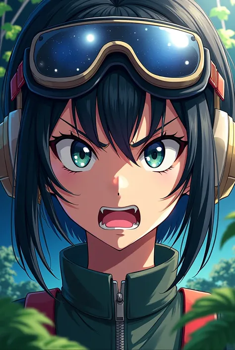 Face of a female aviator, with striking features, with an angry expression, in anime style with high resolution, vibrant colors, in a fusion with space and plants 