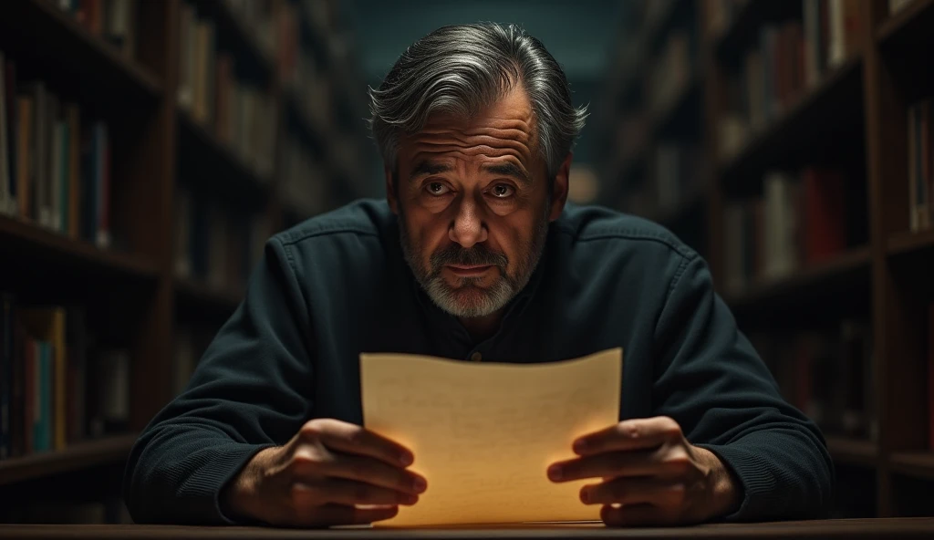 A realistic photo of a man in his mid-40s sitting alone at a library table, illuminated by a soft, warm light. His brown eyes, filled with tears, gaze intensely at a letter in his hand. The man’s face, lined with sorrow and nostalgia, shows a brief flicker...