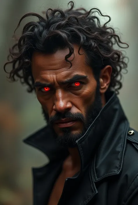 A brown man, with curly hair and bright red eyes