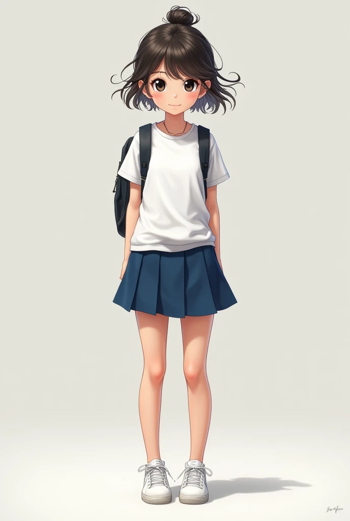 , thin, light brunette big black eyes, short curly hair tied up, wearing a school uniform short blue skirt, white t-shirt and white sneakers on your feet
