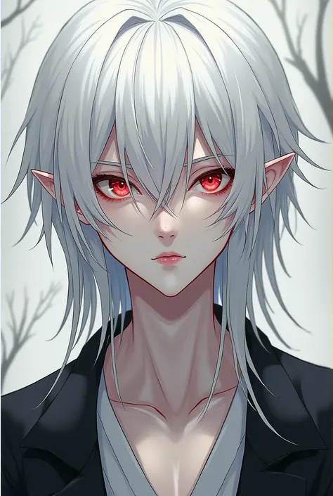 an effeminate looking man, long white hair with bangs, red eyes, white skin, slender body, in manga.