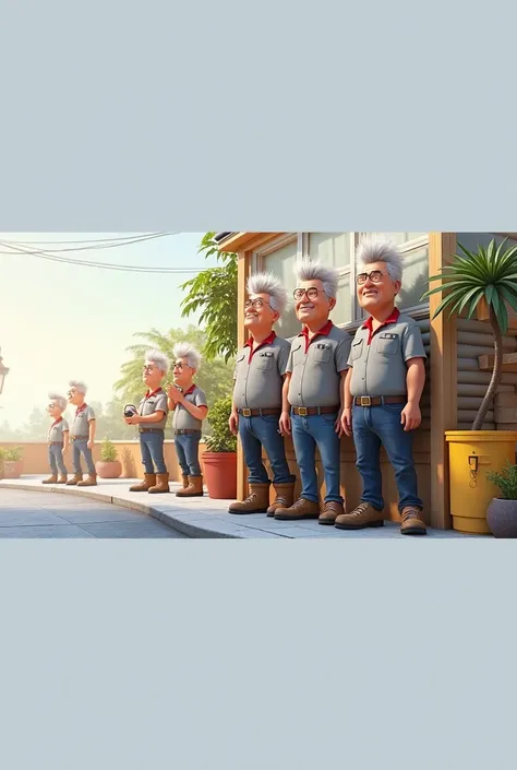 3D Pixar style poster. 4 man, light skin, little gray hair, the hair has a shape that looks like a cockatiel, He wears a short-sleeved gray dress shirt with red details on the collar, jeans and safety boots, he works with electricity 