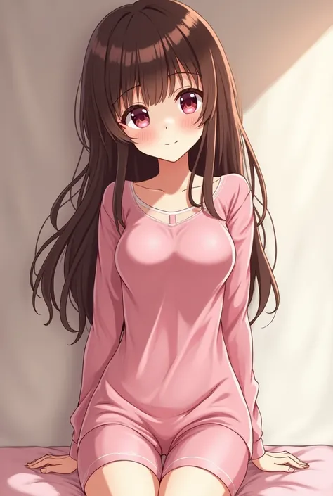 long brown hair girl, dull pink eyes, thin with curves, with flirty pajamas, cute smile with braces, perfect nose, Medium thick lips and Jujutsu Kaisen style.
1.69 cm Small breasts Thin thighs
