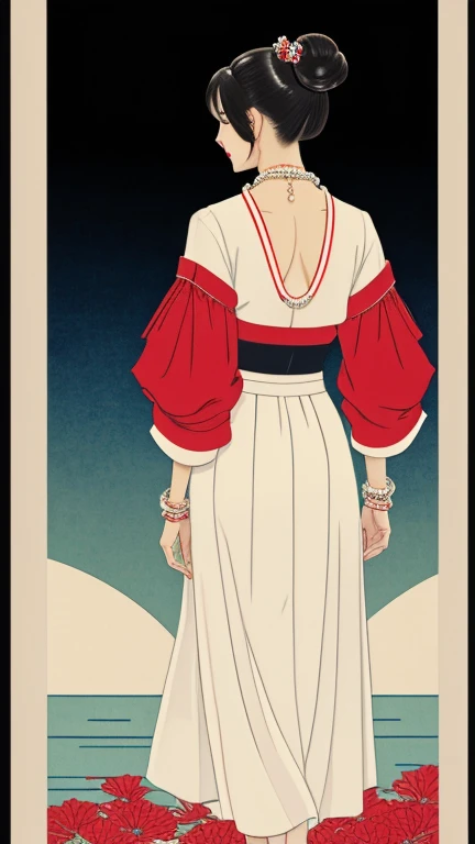 Ukiyo-e,  Beautiful woman looking back, sign ,From behind , standing on pose , full body, on street , in Osaka city, looking at viewer, Japanese Girls , 20-age ,(Detailed face, cute face, Beautiful Eyes, bun , small lip, big smile), (pearl necklace, pearl ...