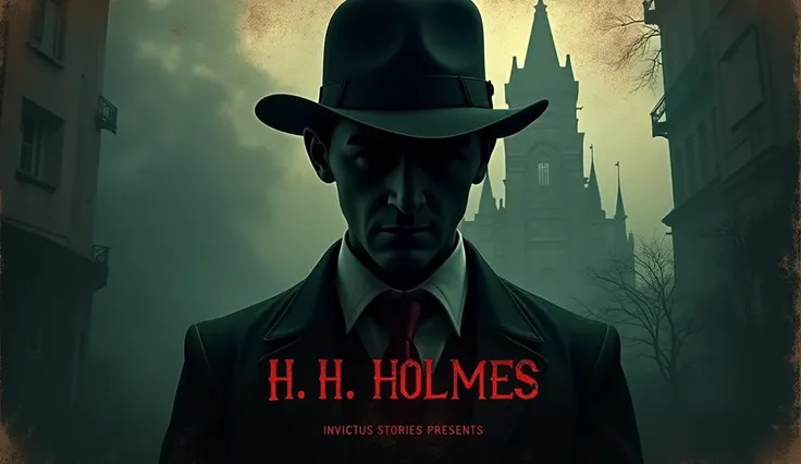 HORROR MOVIE POSTER TEXT SMALL PRINT "INVICTUS STORIES" PRESENTA UNA IMAGEN DE  EL castillo de h.h. holmes TITULO: h.h. holmes EL PRIMER ASECINO EN SERIE DE ESTADOS UNIDOS 
