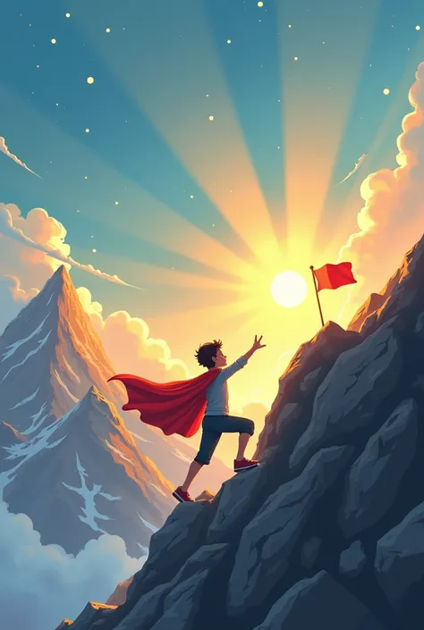 Design a drawing of a child climbing a mountain wearing normal clothes and having a superhero cape and a confident smile. In the background, shows clouds with sun rays and stars to symbolize strength and confidence. You can include small details like a fla...