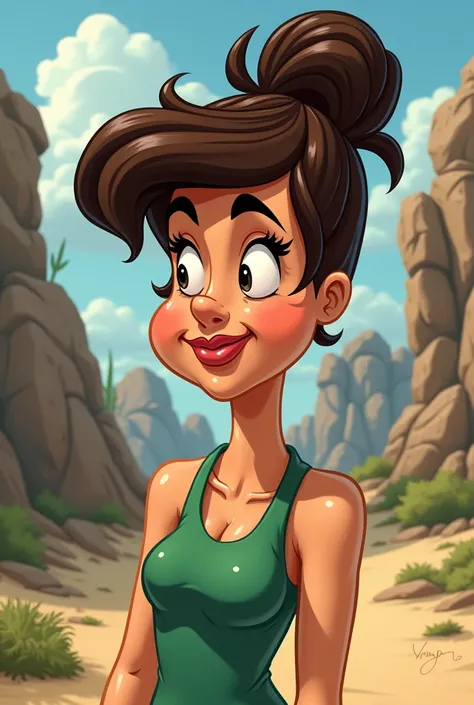 Generate a Flintstones-style caricature of a mother with dark brown hair and black eyes. must be alone. 
