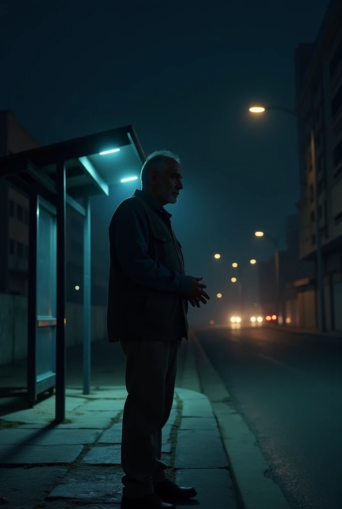 A Syrian man alone at a bus stop at night 